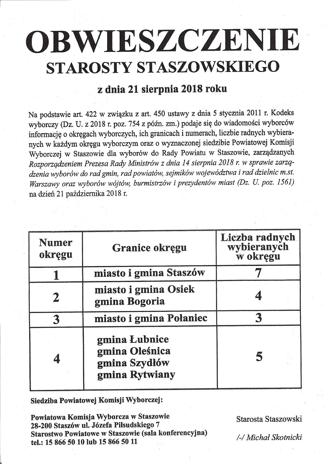 Obwieszczenie Starosty Staszowskiego - wybory samorz�dowe 2018