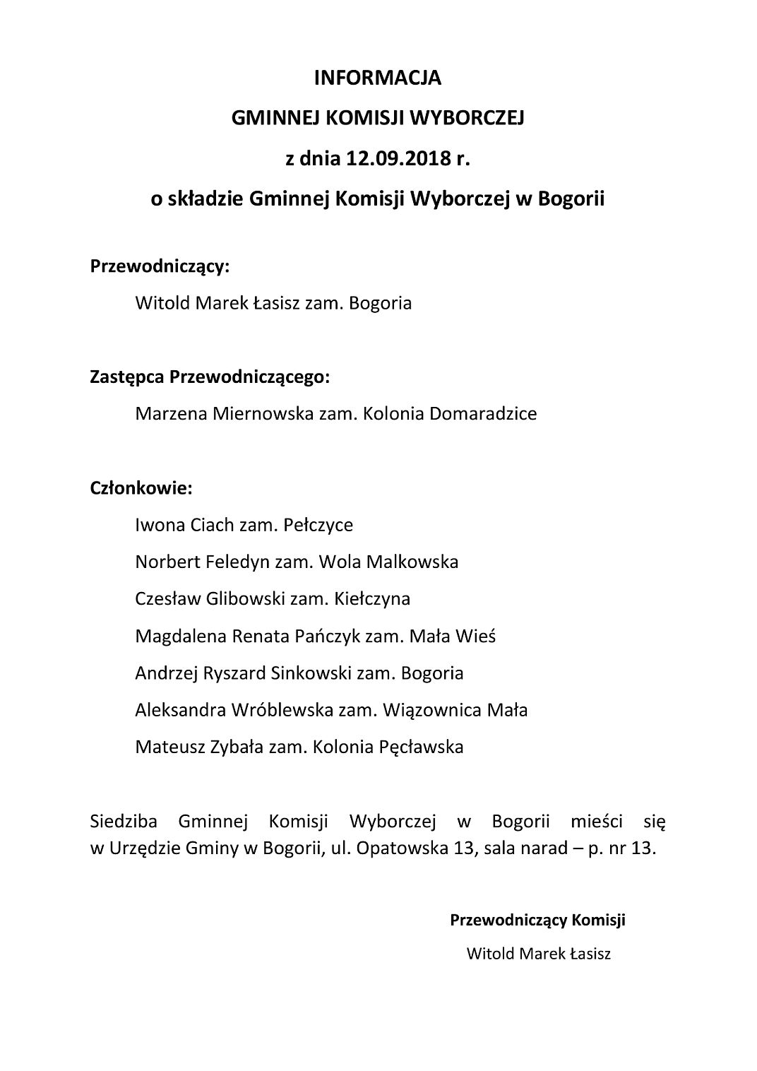 Sk�ad Gminnej Komisji Wyborczej w Bogorii - Wybory 2018