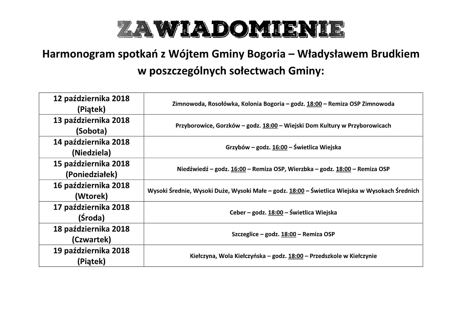 Harmonogram - spotkania z W�jtem Gminy Bogoria