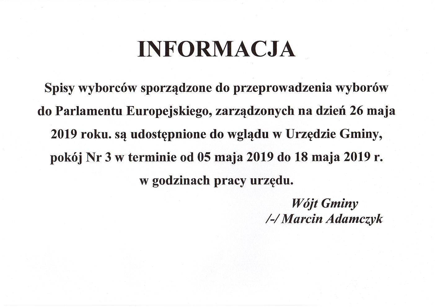 Informacja o spisach wyborc�w - wybory PE 26.05.2019 r.